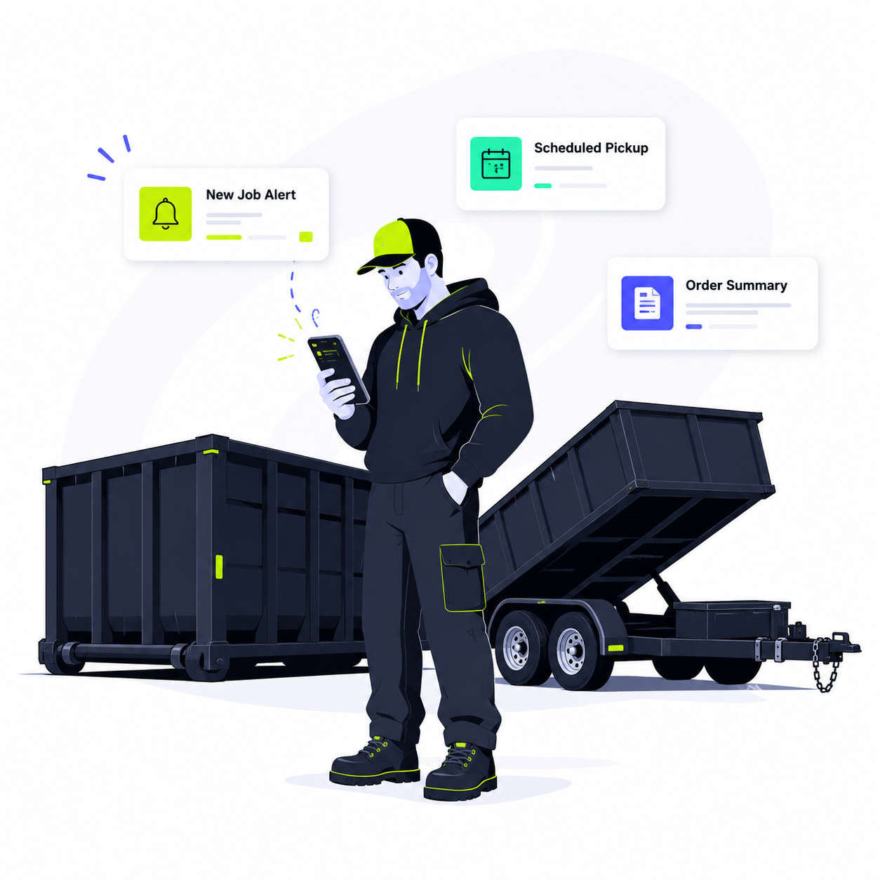 Operator managing jobs from a phone between a dumpster and trailer